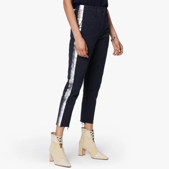 Mother The Shaker Prep Fray Cropped Raw Hem Pants Navy Silver Size 31 NWT - Picture 2 of 16